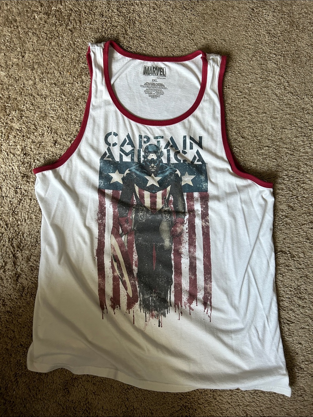 Marvel White Tank Top with Red Trim and Vintage Captain America Graphic